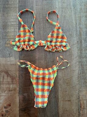 Montce Neon Orange & Lime Plaid Ruffle Triangle Bikini Set